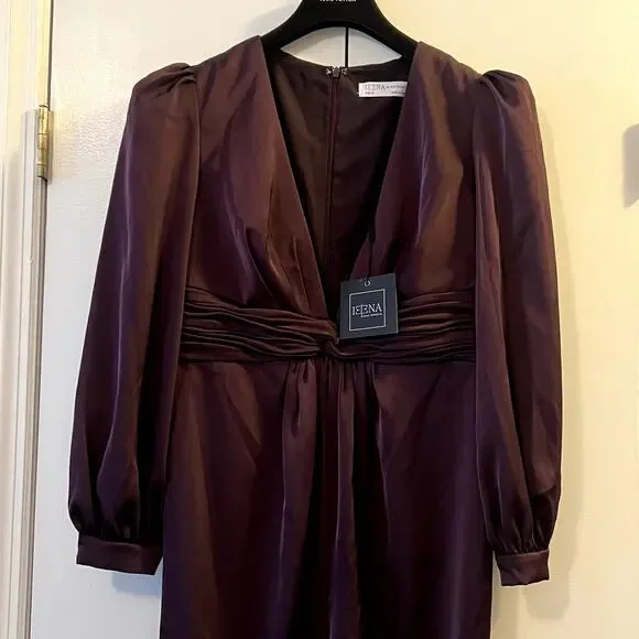 Mac Duggal Plunge Neck Long Sleeve Satin Jumpsuit in Plum Size 12 UB